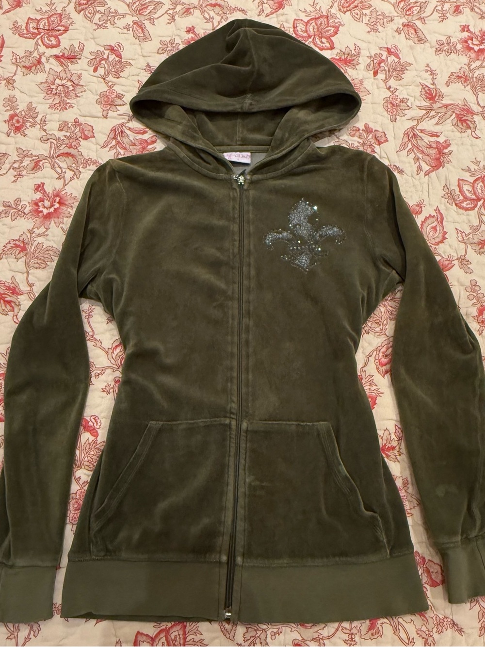 Affliction Olive Green Velour Zip Hoodie with Rhinestone Fleur-de-Lis